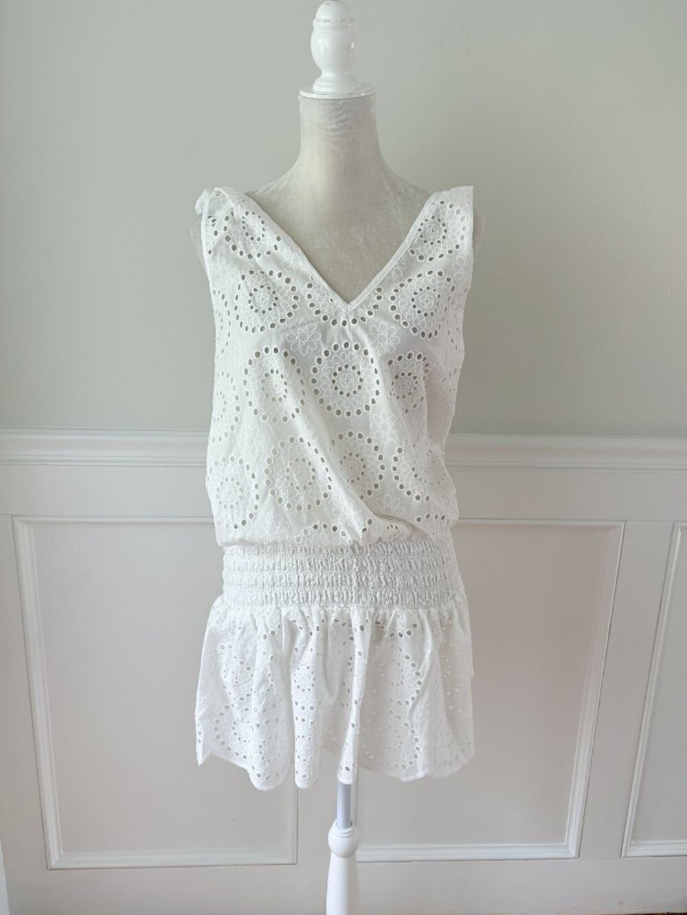 Cartolina Nantucket NWT White Cotton Eyelet Cover Up Drop Waist Beach Dress M